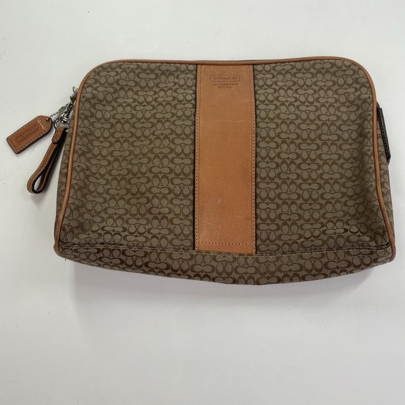Authentic COACH Signature  Pouch Clutch Canvas/Leather Beige/Brown Large Unisex